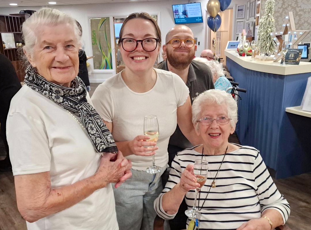 Pictured: Residents Dolores (L) and Margaret (R), with Belong Crewe team Aliesa and David  