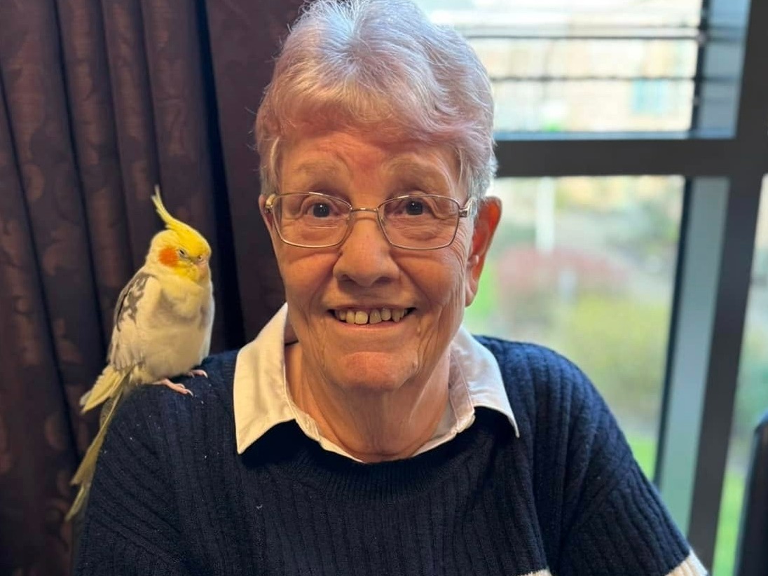 Asset - 1. Sheila Chappell, Belong Wigan apartment tenant, meets Wilma the cockatiel and Belle the bearded dragon