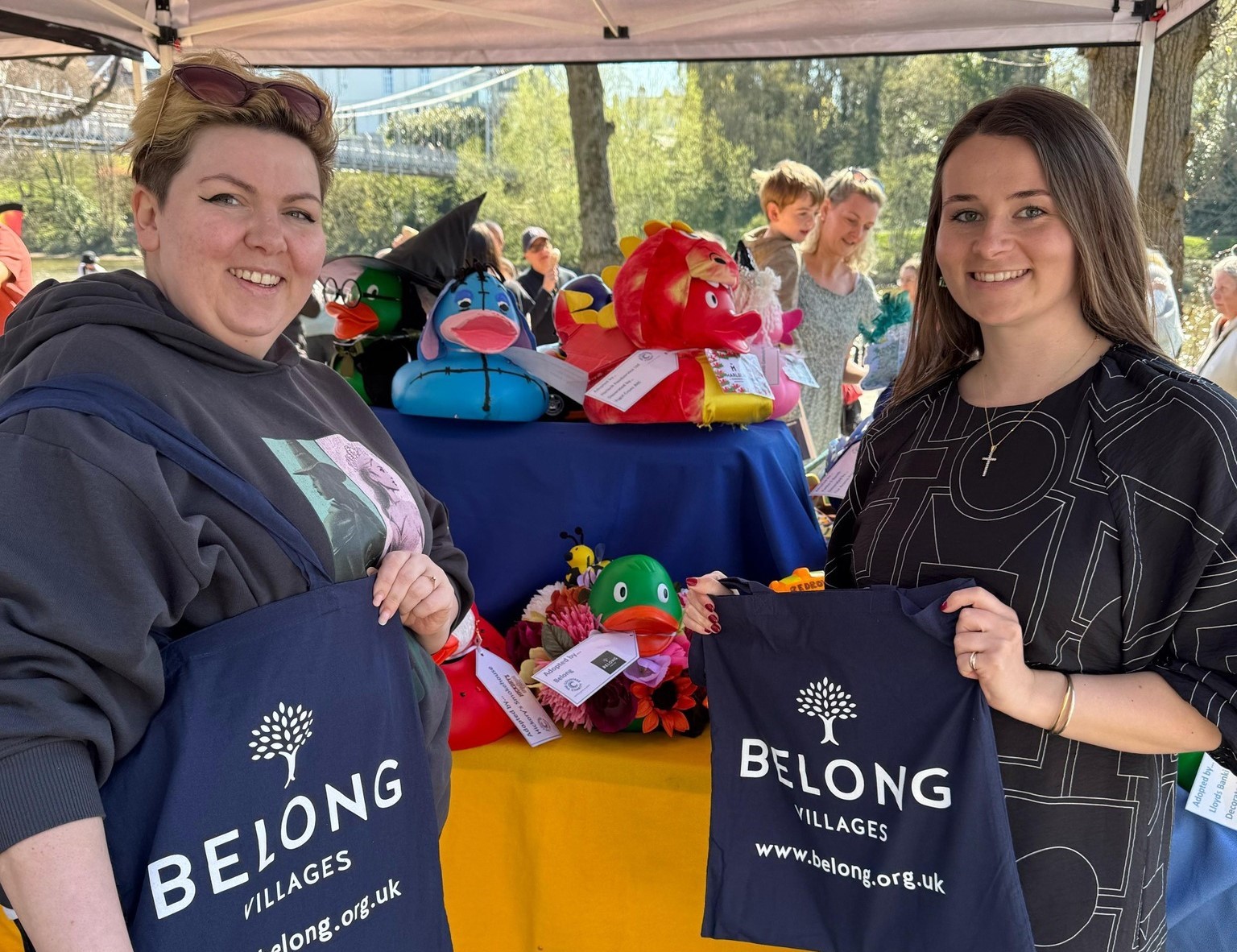 Pictured: Amie Adams (Support Manager) and Charlotte Parton (Experience Coordinator) represent Belong at Chester Duck Race 