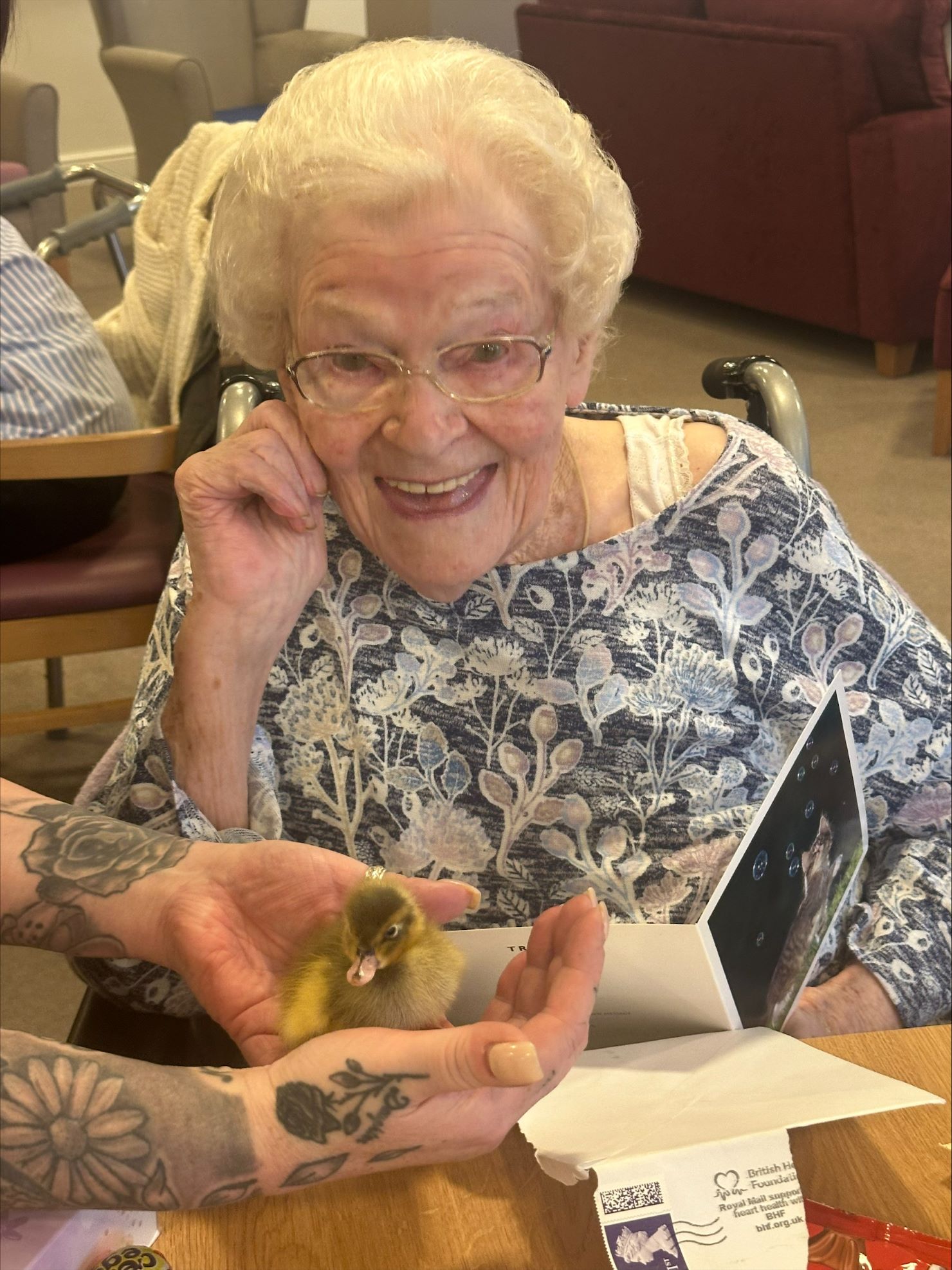 Joyce Bostock, with one of the ducklings.